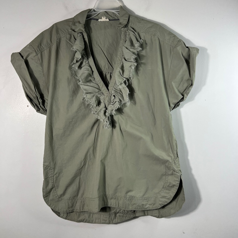 Womens Pilcro by Anthropologie Ruffle V Neck Distressed Tunic Top Green S Cotton